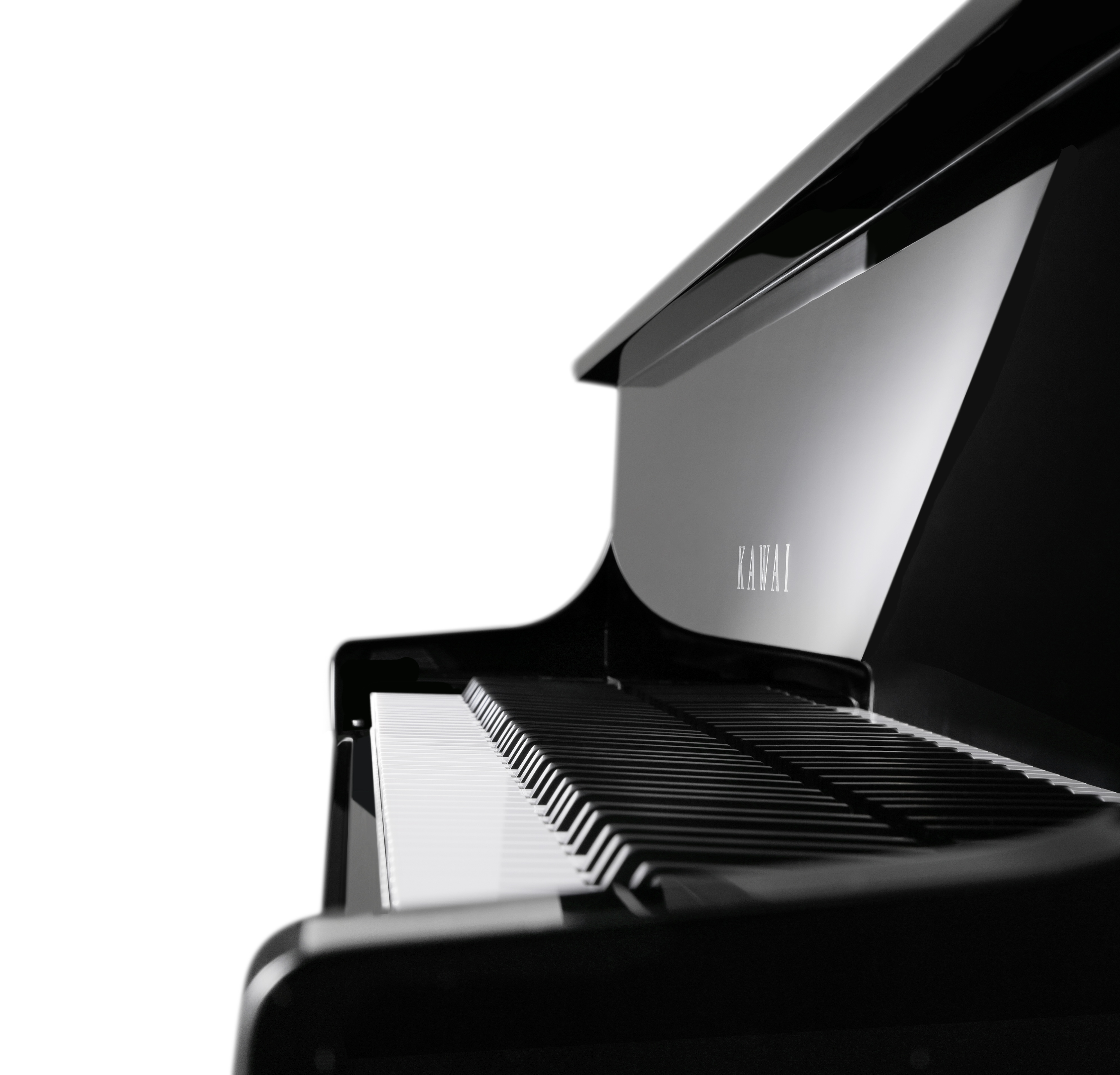 Close-up of a Kawai grand piano keyboard and logo
