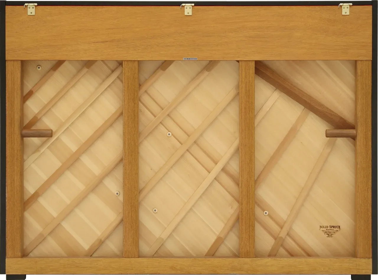 Solid spruce soundboard and back of the Kawai K-15