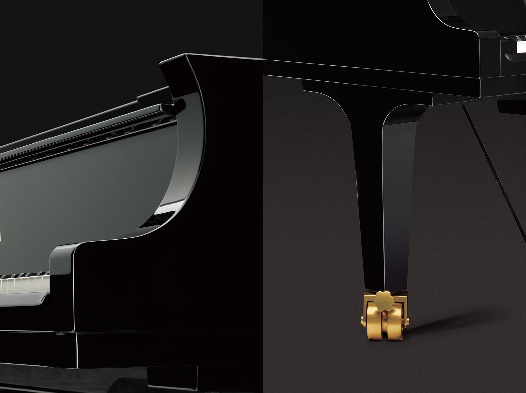 Glossy black Yamaha CF Series piano casing and leg detail