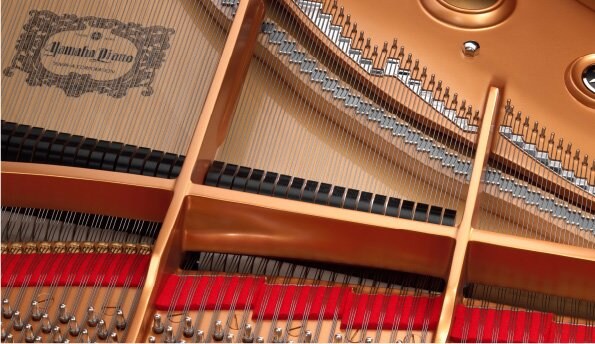Maple bridge and strings inside a Yamaha concert grand piano