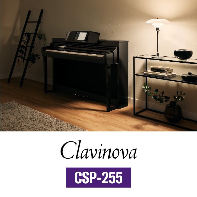 A polished ebony Yamaha CSP-255 Clavinova digital piano in a modern living room