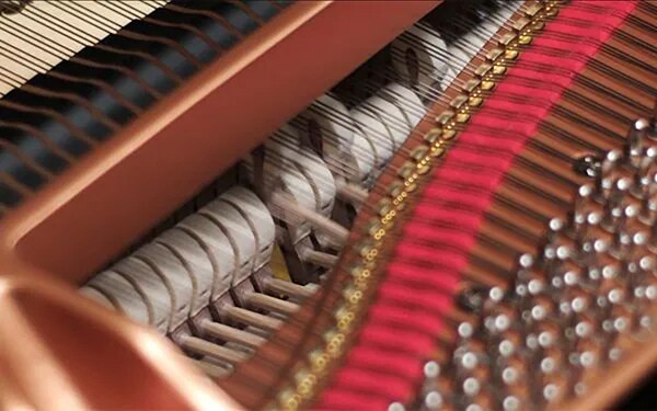 The internal hammer and string mechanism of a grand piano.