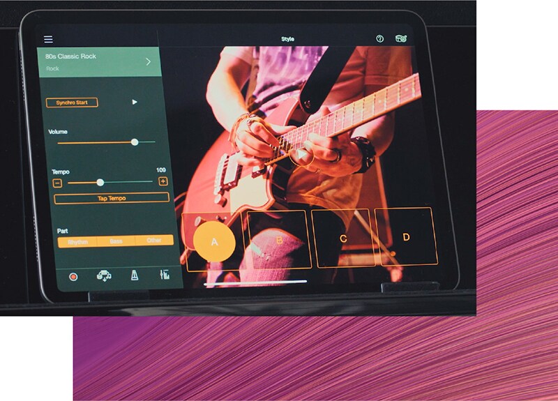 The Yamaha Smart Pianist app showing backing styles and performance controls.