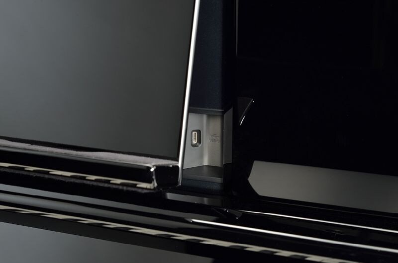 Close-up of the USB Type-C connection on a Yamaha Clavinova.