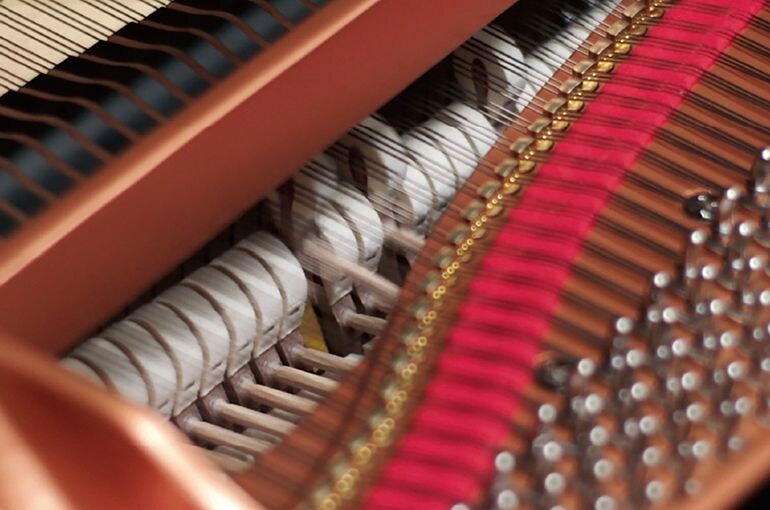 The internal hammer and string mechanism of a grand piano