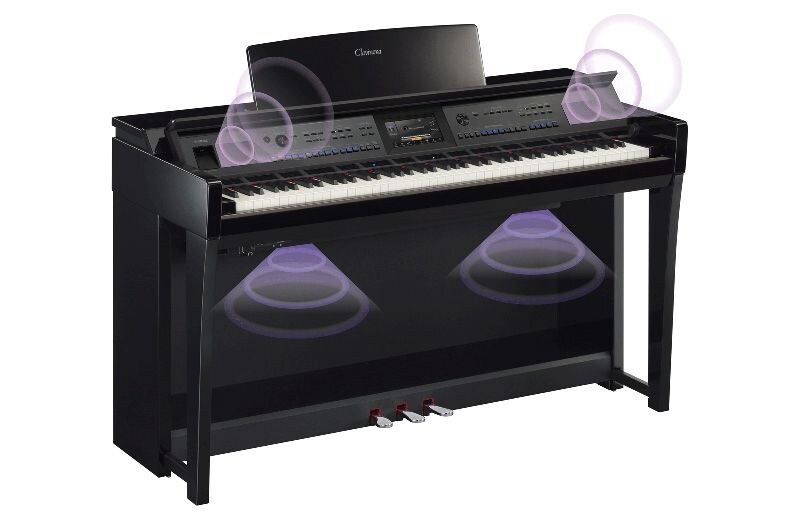 A Yamaha CVP-905 with sound waves showing its 2-way speaker system