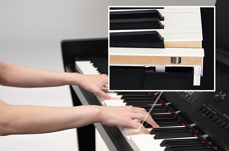 Yamaha Clavinova keyboard mechanism with key counterweights.