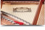 Close-up of the Yamaha grand piano interior, music wire, and soundboard
