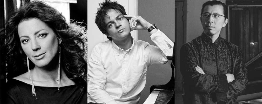 Portrait collage of Yamaha artists Sarah McLachlan, Jamie Cullum and Frederic Chiu.