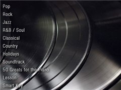 Music genres and piano categories displayed over a vinyl record background