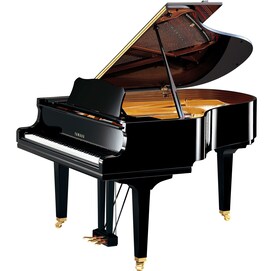 Yamaha GC2 grand piano with its lid open on a white background.