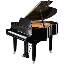 Yamaha GCB grand piano with its lid open on a white background.