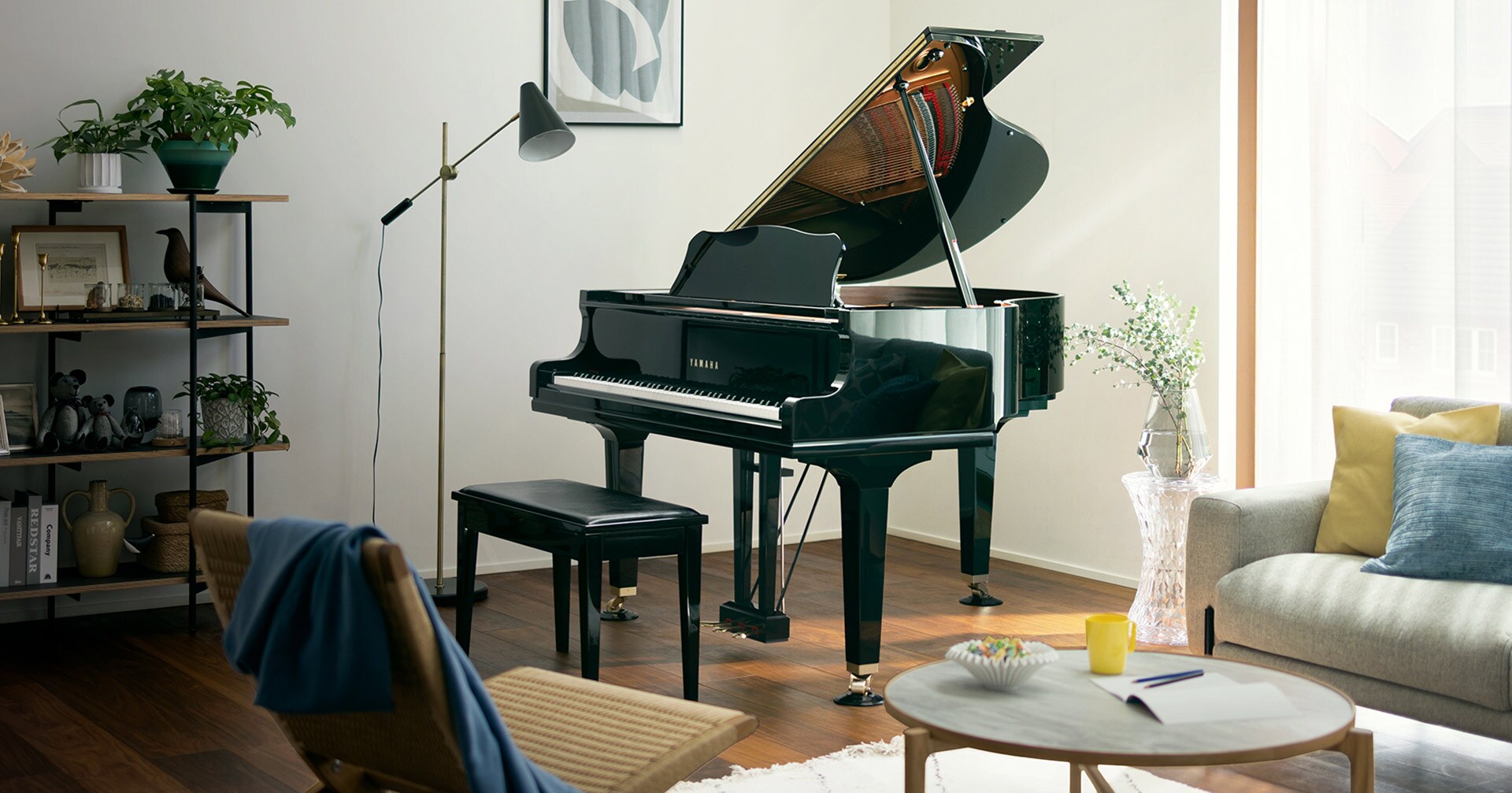 Yamaha GCB baby grand piano in a bright modern living room.