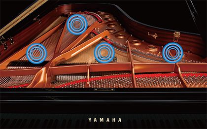 Yamaha grand piano interior with acoustic sampling positions.