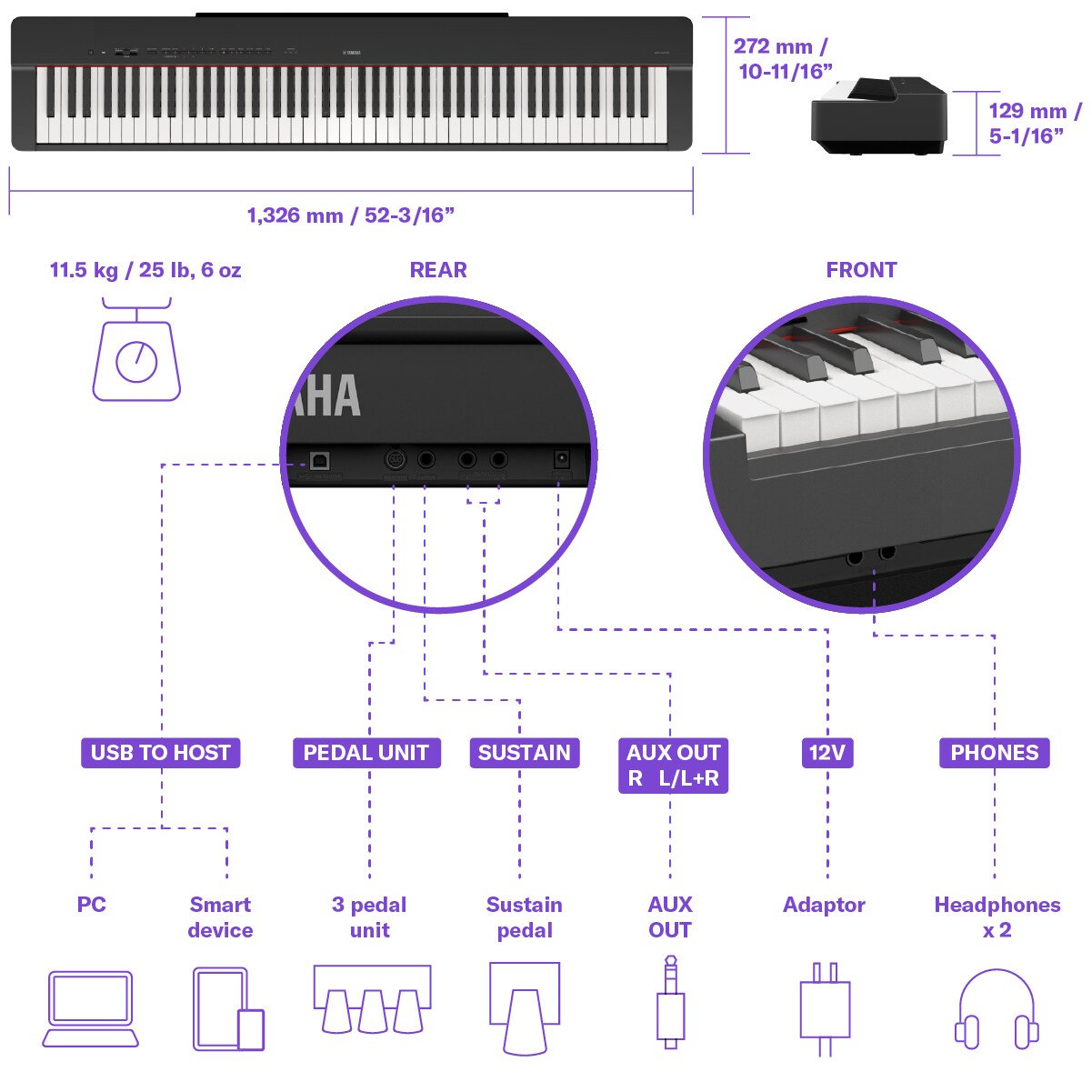 Yamaha P-225 dimensions and connectivity feature image.