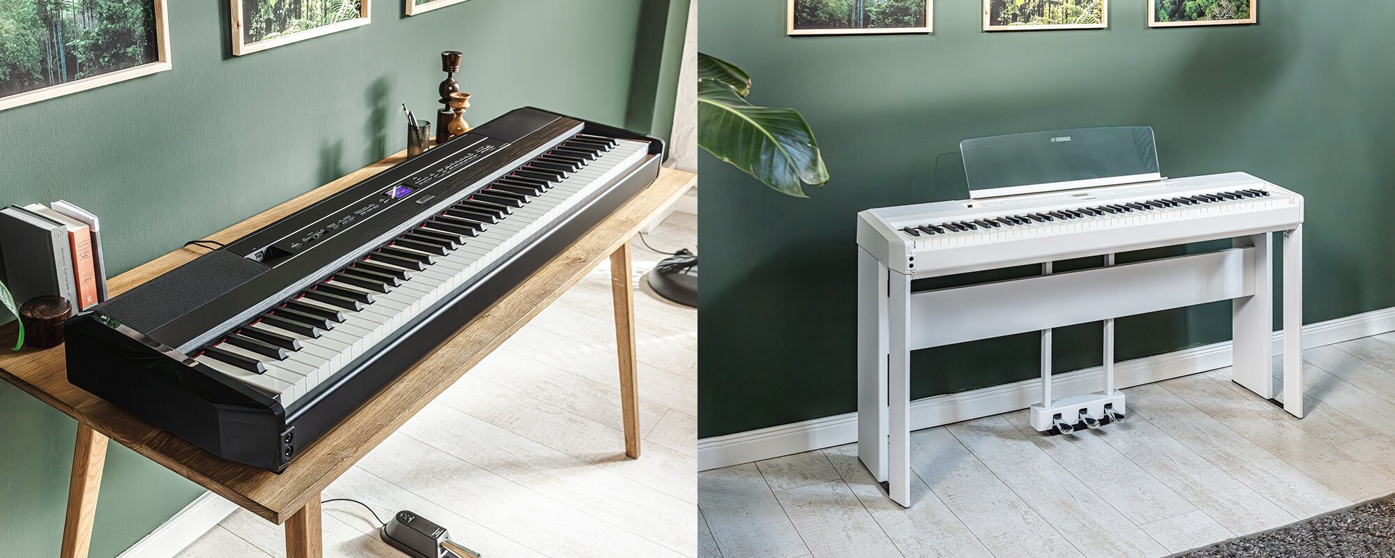 A black Yamaha P-525B on a desk and a white P-525WH on its optional stand