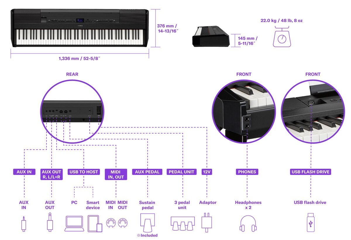 Yamaha P-525 dimensions and connectivity diagram