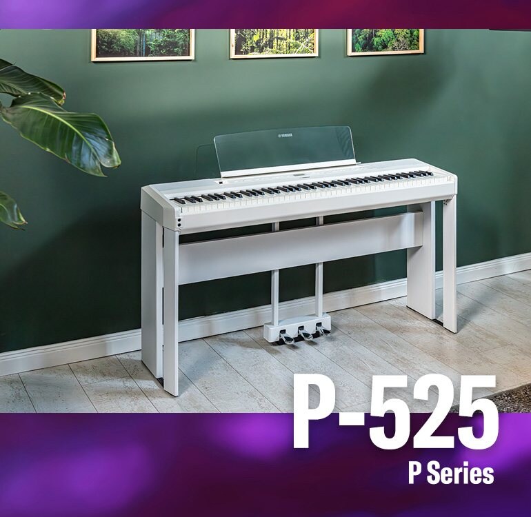 A white Yamaha P-525WH on an optional stand with a three-pedal unit
