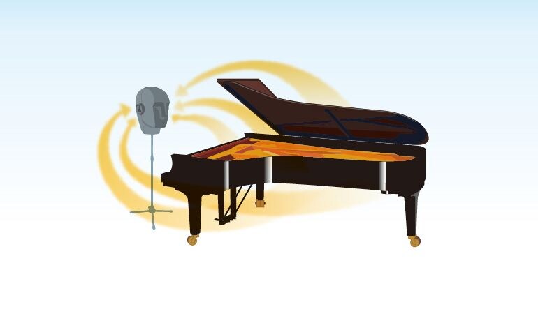 Binaural sampling illustration with a grand piano and recording head.