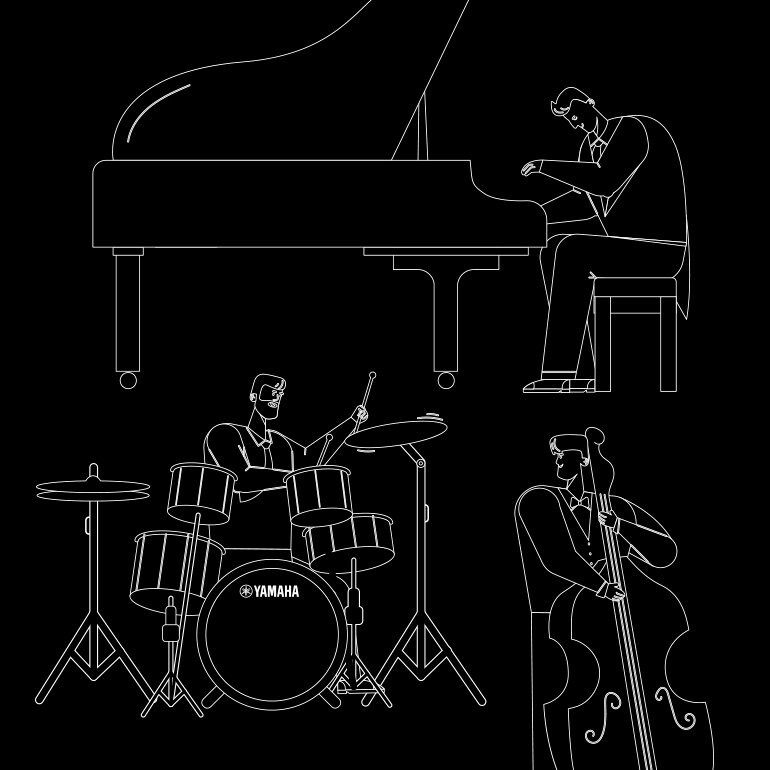 Line-art illustration of a jazz trio accompanying a pianist.